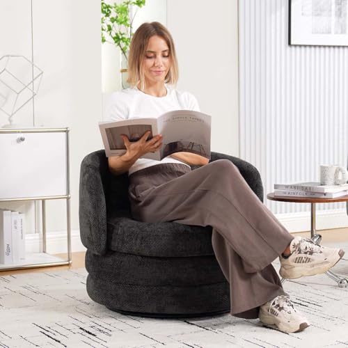 360° Small Swivel Accent Chair, Round Swivel Barrel Chair with Round Backrest & Wide Seat, Comfy Chenille Barrel Chairs for Living Room, Bedroom Easy 15-Min Assembly, Boucle (Dark Gray) - color: Dark Gray