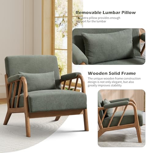 IOMOR Mid Century Modern Accent Chair with Solid Wood Frame, Upholstered Living Room Chairs with Lumbar Cushion Padded Arms, Reading Armchair for Bedroom (1, Olive Green) - color: Olive Green