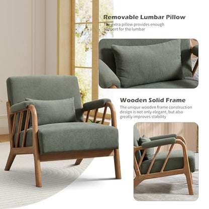 IOMOR Mid Century Modern Accent Chair with Solid Wood Frame, Upholstered Living Room Chairs with Lumbar Cushion Padded Arms, Reading Armchair for Bedroom (1, Olive Green) - color: Olive Green