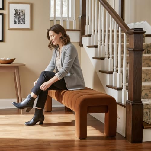 63" Bedroom Bench, Upholstered Entryway Bench, Modern End of Bed Ottoman with Solid Wood Legs and Adjustable Foot Pegs for Entryway, Dining Room and Living Room (Brown Velvet) - color: Brown Velvet, size: 63"