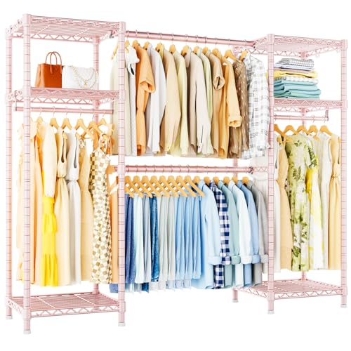 E7 Garment Rack, Heavy Duty Clothes Storage System with Extendable Rod | Metal Clothing Rack with 6 Wire Shelves, Freestanding Portable Closet Wardrobe for Hanging Clothes, Load 838lbs, Pink - color: Pink