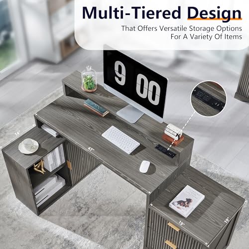 Modern L Shaped Desk with Storage Cabinet & Drawers, Wood Home Office Desk with Power Outlets, Fluted Computer Writing Desk - color: Grayish Green, size: 33"D x 67"W x 35.5"H