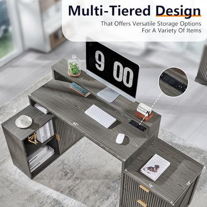 Modern L Shaped Desk with Storage Cabinet & Drawers, Wood Home Office Desk with Power Outlets, Fluted Computer Writing Desk - color: Grayish Green, size: 33"D x 67"W x 35.5"H
