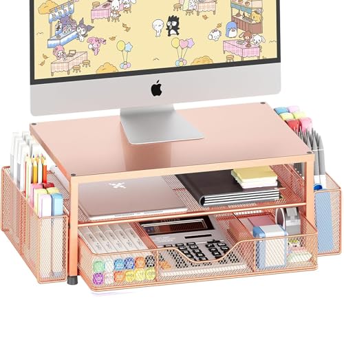 Desk Organizer and Accessories, 2-Tier Computer Monitor Stand Riser with Drawer and 2 Pen Holders, Laptop Stand, Office Desk Accessories for Office Supplies, 1 Pack, Rose - color: Rose Gold 1-Pack, size: 2-Tier