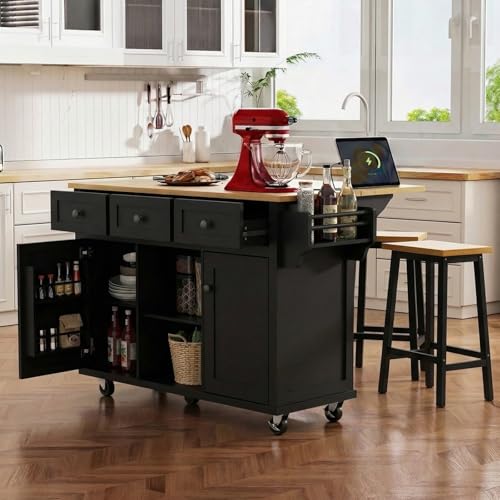 53'' Mobile Kitchen Island with Seating, Rolling Kitchen Island with Storage and Drop Leaf, 3 Drawers Islands Cart Rubberwood Top, 2 Open Shelves, Isla para Cocina, Black + 2 StooIs