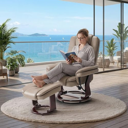 Swivel Recliner Chair with Ottoman Reclining Lounge Sofa Footrest, Set of 1 | 360°Sturdy Wood Base, Soft Faux Leather, Upholstered Ultra-Plush Foam, Modern Armchair, Living Room Bedroom Office Reading - color: Taupe, size: Set of 1
