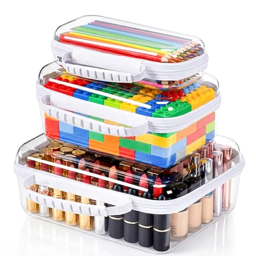 3 Pack Hard Shell Zipper Cases Clear Deep Bottom PET Plastic Waterproof | Storage Pouches Travel Organizer Bags for Makeup Toys Art Supplies Home Organization - color: white