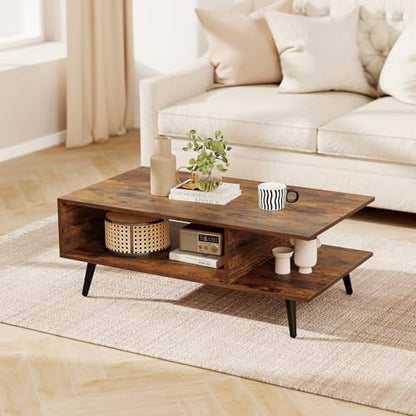 GOFLAME Wood Coffee Table, 2-Tier Mid Century Modern Center Table with 2 Open Storage Compartments & Metal Legs, Rectangular Accent Tea Tables for Living Room, Home Office, Apartment, Rustic Brown - color: Rustic Brown
