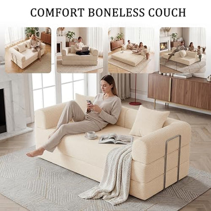 59" Boneless Couch,4-in-1 Futon Sofa Bed Modular Loveseat Sleeper Folding Compressed Couch with Pillows,No Assembly Required Convertible Sofa Bed for Living Room Bedroom Guest Room,Beige - color: Beige, size: 59.06" Loveseat Sofa
