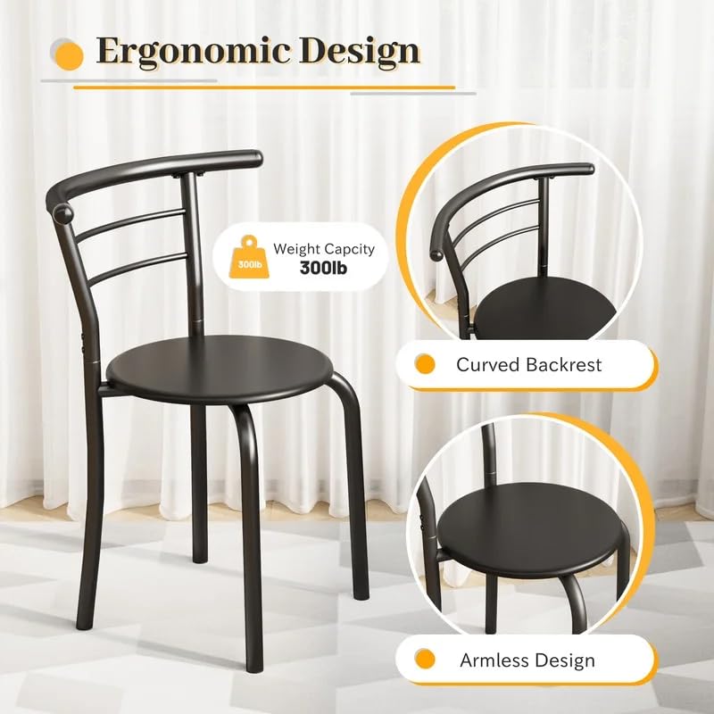 Shahoo 3-Piece Dining Table Set for 2, Kitchen Breakfast Nook Set, Black | 2 Chairs & Round Tabletop, Space Saving Wooden Furniture Metal Frame and Built-in Wine Rack - color: Black