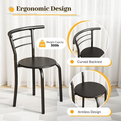 Shahoo 3-Piece Dining Table Set for 2, Kitchen Breakfast Nook Set, Black | 2 Chairs & Round Tabletop, Space Saving Wooden Furniture Metal Frame and Built-in Wine Rack - color: Black