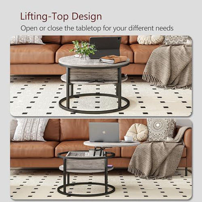 Round Coffee Table with Storage,Lift Top Coffee Table for Living Room Reception Room,2 Tier Small Round Table Dining Center,Grey - color: Grey