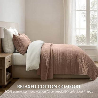 EVERGRACEHOME 100% Cotton Modern Lines Quilt Set Queen Size, Rose Dust | Pre-Washed Soft Cotton, Striped Coverlet Bedspread, 3 Piece Lightweight Bedding Set for All Season, with 2 Pillow Shams - color: Rose Dust, size: Full/Queen (92" X 92")