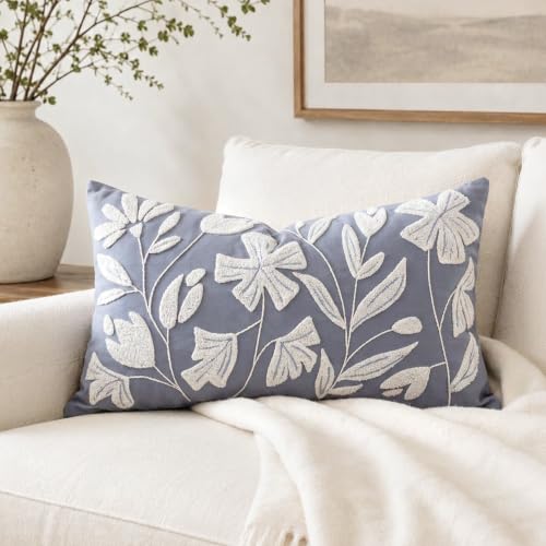 Decorative Lumbar Pillow Cover 12x20, Coastal Dusty Blue Accent Velvet Throw Pillowcase for Couch Sofa Living Room, Floral Tufted Rectangular Cushion, Cover Only - color: Dusty Blue, size: 20" x 12" (Pack of 1)