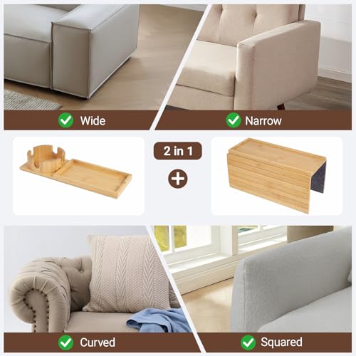 Bamboo Sofa Armrest Tray, Foldable Couch Arm Tray Side Table, 2 in 1 Anti-Falling Armrest Tables Cup Holder for Snacks, Drinks, Beers, Phone, Control, Flexible and Portable, Anti-Slip - color: Bamboo