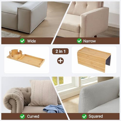 Bamboo Sofa Armrest Tray, Foldable Couch Arm Tray Side Table, 2 in 1 Anti-Falling Armrest Tables Cup Holder for Snacks, Drinks, Beers, Phone, Control, Flexible and Portable, Anti-Slip - color: Bamboo