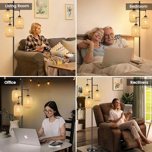 QIYIZM Floor Lamp for Living Room,Bedroom,Boho Rattan Tree 3 Lights Farmhouse Floor Lights,Industrial Black Standing Lamp Wicker Rustic Tall Lamp,Woven Bamboo LampShade Floor Lamps Bohemian - size: Floor Lamp--17