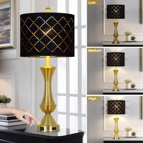29" Gold Modern Table Lamps Set of 2, 3-Way Dimmable Touch Lamps for Nightstand with USB A+C & Outlets,Brass Lamps for Living Room, Bedroom, Nightstand, Entryway(2 Bulbs Included) - color: Gold-Black Lamp Shade-2Pack