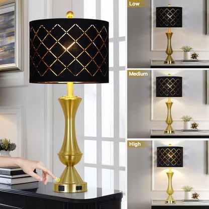 29" Gold Modern Table Lamps Set of 2, 3-Way Dimmable Touch Lamps for Nightstand with USB A+C & Outlets,Brass Lamps for Living Room, Bedroom, Nightstand, Entryway(2 Bulbs Included) - color: Gold-Black Lamp Shade-2Pack