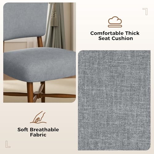 Mid Century Dining Chairs Set of 4, Linen Seat, Wood Legs, Gray | Farmhouse, Upholstered Padded Cushion, Solid Wood Cross-Brace, Easy 15-Min Assembly, Kitchen Dining Room - color: Grey, size: Set of 4
