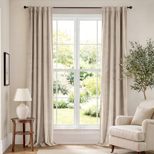 Extra Long Beige Velvet Curtains Rod Pocket 42×108 Inch 2 Panels | Soft Velvet, Room Darkening, For Tall Windows & High Ceilings, Light Shifting Texture, Elegant Drape, Cozy - color: R | Beige, size: 42"W x 108"L (Pack of 2)