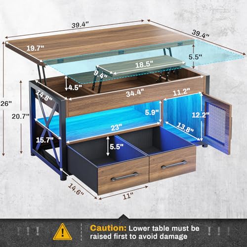 Itaar 40" Lift Top Coffee Table with Storage for Living Room, 4 in 1 Table | Walnut LED Expandable Coffee Table with 2 Fabric Drawers & LED Light & Hidden Compartmen for Dining Living Room Table - color: Walnut