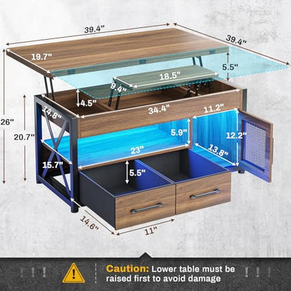 Itaar 40" Lift Top Coffee Table with Storage for Living Room, 4 in 1 Table | Walnut LED Expandable Coffee Table with 2 Fabric Drawers & LED Light & Hidden Compartmen for Dining Living Room Table - color: Walnut