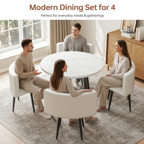 Modern White Round 4-Piece Dining Set, 31.49" Marble Stone Texture Wood Tabletop, PU Leather Foam Padded Chairs, Carbon Steel Leg Small Apartment Breakroom Dinette