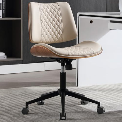 Home Office Chair No Arms with Wheels, Adjustable Height Small Desk Chair, PU Leather Mid Back 360 Swivel Computer Chair, Armless Modern Walnut Chair for Office, Reading Meeting Room(Beige) | Adjustable Height Small Desk Chair, PU Leather Mid Back 360 Swi