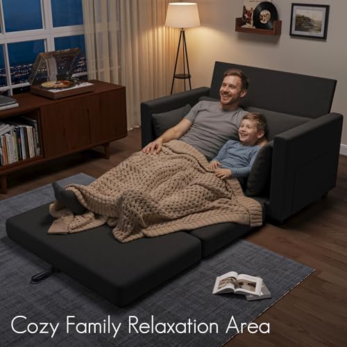 Convertible Loveseat Sofa Bed | Pull Out 78.7” Floor Couch Bed | Folding Sleeper Sofa Bed for Living Room, Apartment & Guest Room | Black - color: Black