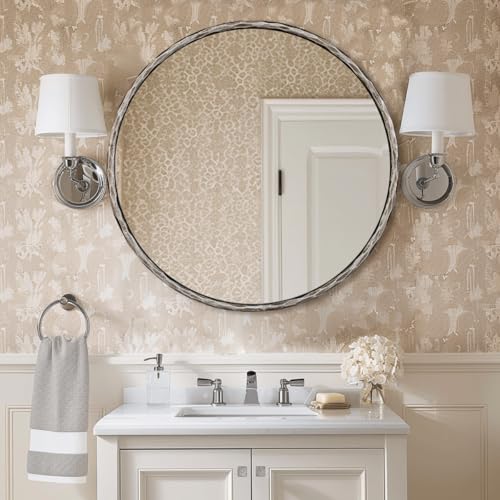 30 Inch Bathroom Hammered Round Mirrors, Silver Hand-Forged Circle Wall Mirrors with Metal Frame, Antique Round Mirror for Wall, Livingroom, Entryways, Solid Steel, Anti-Rust - color: Silver, size: 30"L x 30"W