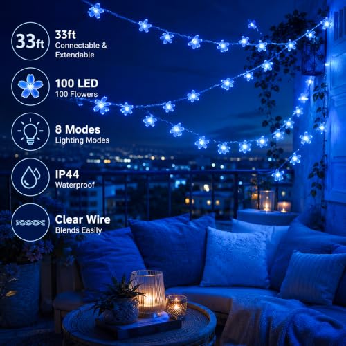Plug in Blue Flower String Lights, 33ft 100 LED Cherry Blossom Fairy Lights | 8 Modes Ip44 Waterproof Connectable Extendable Floral Lamp For Valentine'S Day, Wedding Party Indoor Outdoor Decor - color: Blue