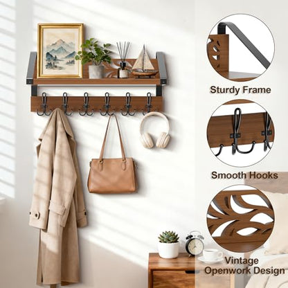 WGFKVAS 2 in 1 Coat Rack Wall Mount with Shelf | 6-Double Hook Wall Hooks with Shelf, Rustic Brown 15" Wood Organizer for Entryway, Living Room, Bedroom, Hallway