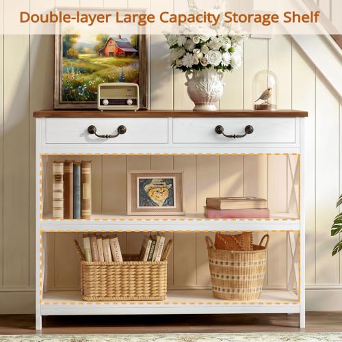 IRONCK 39.4" Farmhouse Console Table with Storage, White/Walnut | Narrow Entryway Table with 2 Drawers & 2 Shelves, Industrial Wood Sofa Table for Living Room/Hallway - size: 39.4inch