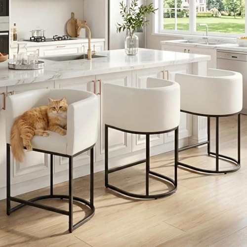 HNY White Modern Barrel Counter Height Clearance Bar Stools Set of 2, 24 Inch PU Leather Kitchen Barstools with Back for Island, with Black Metal Tubular Frame - color: 24inch White,black Base