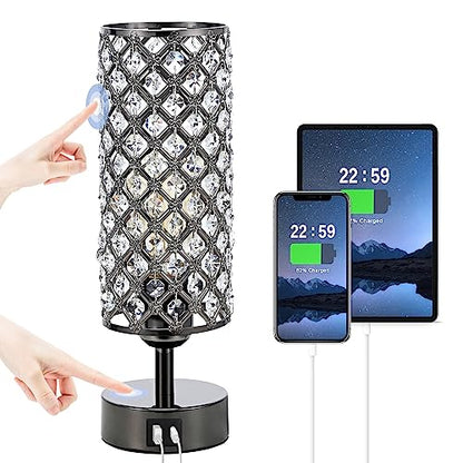 Black Crystal Touch Lamp with USB-C/A, 3-Dim Dimmable for Bedroom, Modern | Table Lamp, Bedside Lamp, Small Touch Light for Living Room Bedroom, Charge Phone, Bulb Included, Crystal Lampshade - color: Black