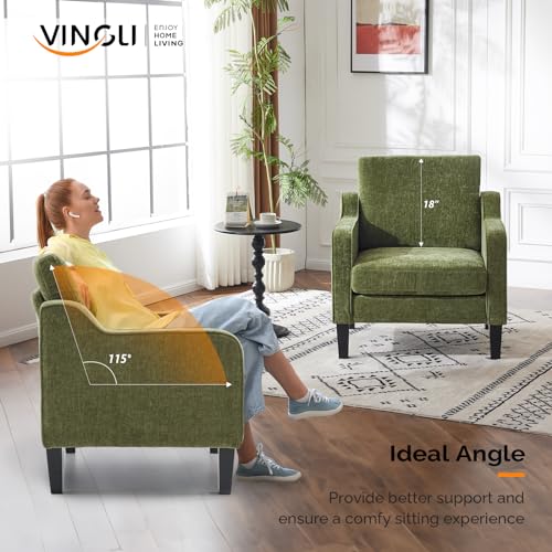 VINGLI Chair Olive Green Upholstered Chenille Accent Chair for Living Room, Bedroom, Mid-Century Modern Arm Chair Comfy Reading Chair with Scooped Arms - color: Olive Green
