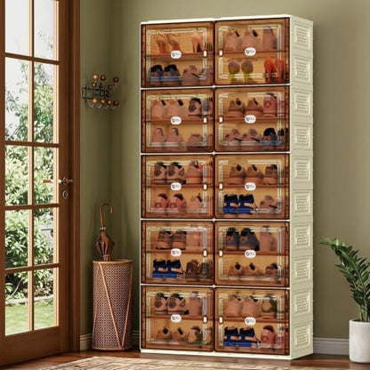 White Foldable Shoe Rack Organizer for 40 Pairs | Tool-free Assembly, Magnetic Clear Door, Anti-Tiping, Sneaker Storage, adjustable shelf, Folding Design, Garage, Entryway - size: 10Tier