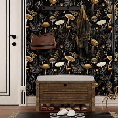 Dark Mushroom Wallpaper Peel and Stick 17.5" x 393",Black Gold | Self Adhesive/Removable/Waterproof/Thick Vinyl Contact Paper for Bathroom Bedroom Shelf Cabinet Drawer,Prepasted,Easy Peel - color: Black Gold, size: 17.5" x 118"
