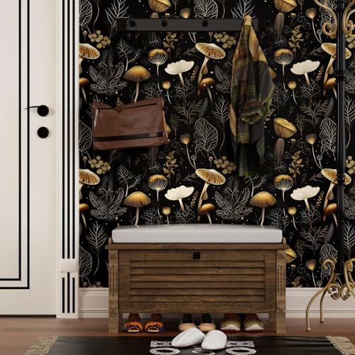 Dark Mushroom Wallpaper Peel and Stick 17.5" x 118",Black Gold | Self Adhesive/Removable/Waterproof/Thick Vinyl Contact Paper for Bathroom Bedroom Shelf Cabinet Drawer,Prepasted,Easy Peel - color: Black Gold, size: 17.5" x 393"