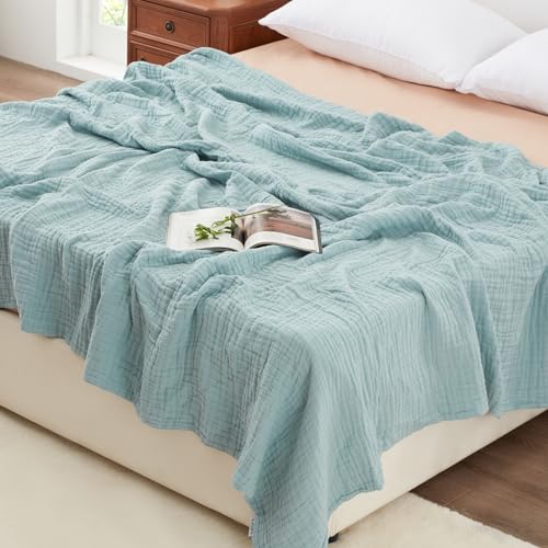 Love's cabin 100% Cotton Muslin Blanket, 6 Layer Lightweight Breathable Gauze King Size Blanket 108 x 90 Inches, Soft Summer Blanket for Bed, Cyan - color: Cyan, size: King(108"x90")