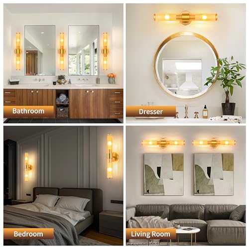 Morauroral Gold Battery Operated Wall Sconces Set of 2, Rechargeable Wall Lights with Remote Control, 20 Inch Modern Wireless Wall Lamp for Bedroom, Living Room with Amber Shade (Bulbs Included) - color: Gold（Amber Glass）
