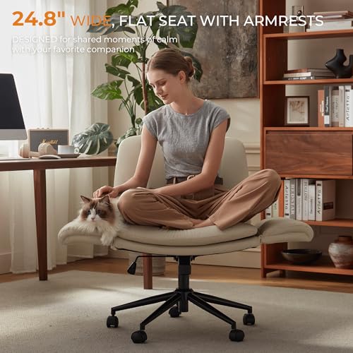 Dowinx Criss Cross Chair with Five-Level Adjustable Arms and Wheels - Comfortable Ergonomic PU Leather Swivel Vanity Chair - Computer Makeup Gaming Chair for Home Office, Bedroom, Vanity Room (Cream) - color: Cream