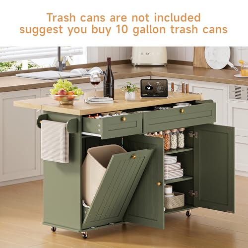 60" Kitchen Island with Power Outlet & Drop Leaf, Rolling Island with Spice Rack & Towel Rack, Kitchen Island Cart with Trash Storage Cabinet, Island Table for Kitchen, Green - color: Green