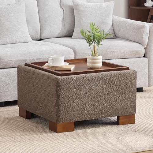 WUTUTUEE 24" Square Ottoman Coffee Table with Storage, Boucle Ottomans with Tray and Solid Wood Legs for Living Room, Bedroom and Apartments, Small Modern Ottoman Tea Table with Lift-Off Lid, Brown - color: 24'' Brown Boucle