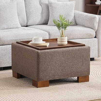 WUTUTUEE 24" Square Ottoman Coffee Table with Storage, Boucle Ottomans with Tray and Solid Wood Legs for Living Room, Bedroom and Apartments, Small Modern Ottoman Tea Table with Lift-Off Lid, Brown - color: 24'' Brown Boucle