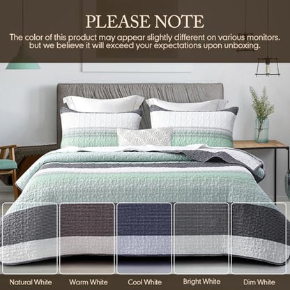 DURLENGEN Quilt Set Queen Size 3Pcs,Soft Microfiber Lightweight Bedspread,White & Green Striped Geometric Pattern Coverlet for All Season Layering(Queen 90x96,Mint Green) - color: Mint Green, size: Queen(90" x 96")