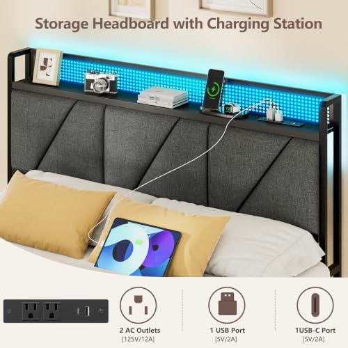 Queen Bed Frame with 2 Storage Drawers & Upholstered Headboard | Metal Platform Bed with Storage Shelf, Charging Station, LED Lights and Heavy-Duty slats, No Spring Box Needed, Noise-Free - size: Queen, style: Bed Frame with Drawer