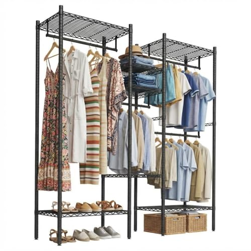 PioneerWorks Heavy Duty Garment Rack 1210 LBS, Commercial Clothing Rack with 4 Adjustable Shelves, Freestanding Wardrobe Closet Organizer, Metal Storage Rack for Home, Retail, Laundry Room - size: 73.6"W x 17.3"D x 76.4"H