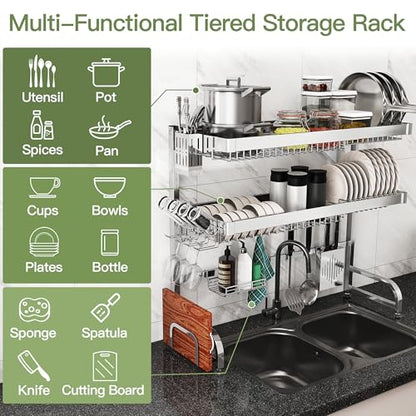 Over The Sink Dish Drying Rack, Extra Large Capacity Dish Drainer | 3 Tier Extra Large All Stainless Steel Expandable Plate Strainers, Rustproof Metal, Counter Space Saving, Modern Silver - color: Silver, style: Over Sink 3 Tier
